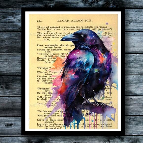 Edgar Allan Poe The Raven Bright Watercolor Art Print  on Photo Paper - Picture 1 of 5